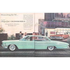1961 Oldsmobile Ninety Eight 98 Sedan 2 Page Vintage Print Ad Modern Building